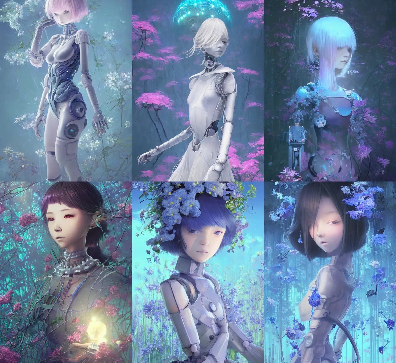 Image similar to detailed, sharp, dreaming humanoid female automata in exoskeleton surrounded by glowing blue flowers and flora floating above a dystopia by Ilya Kuvshinov and Anna Dittmann and studio ghibli and WLOP and Rossdraws, digital art, surreal, trending on artstation, anime arts, featured on Pixiv, blue lighting, HD, 8K, highly detailed, good lighting, beautiful, epic, masterpiece