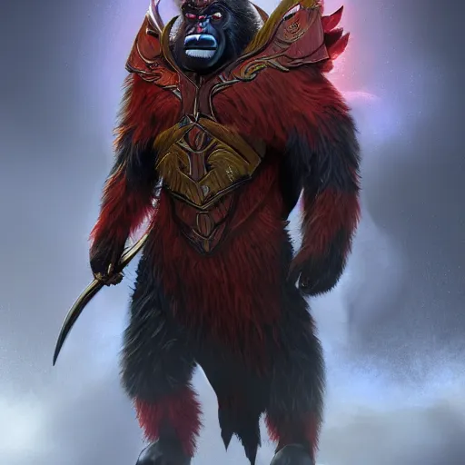 Image similar to fury art, an anthro ape wearing a large cape and a fantasy armor, fiery background, 3 d, 8 k, extremely detailed, trending on furaffinity, trending on artstation, award winning, sharp focus, illustration