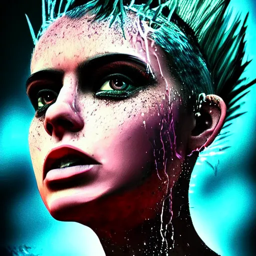 Image similar to splashes of neon clouds, mowhawk, punk women portrait made out of paint with rain in the background, trending on artstation, epic composition, emotional, beautiful, rendered in octane, highly detailed, realistic, comic book art, sharp focus, matte painting, unreal engine