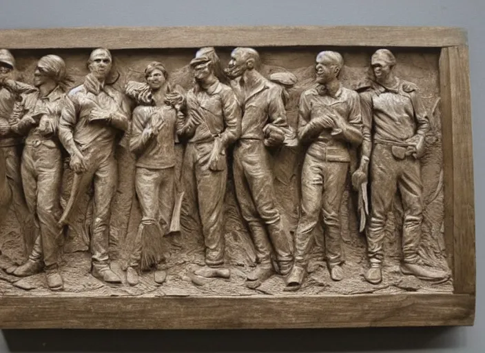 Image similar to intricate bas relief sculpture of mormon pioneers