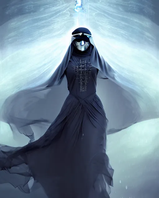 Prompt: beautiful arab woman in futuristic niqab, floating in mid - air, long flowing fabric, flowers, rain, lightning, storm, digital painting, illustration by raymond swanland and artgerm and mina petrovic and timothy kong and marina federovna, light, shadows, reflections, epic composition, intricate, elegant, volumetric lighting, artstation