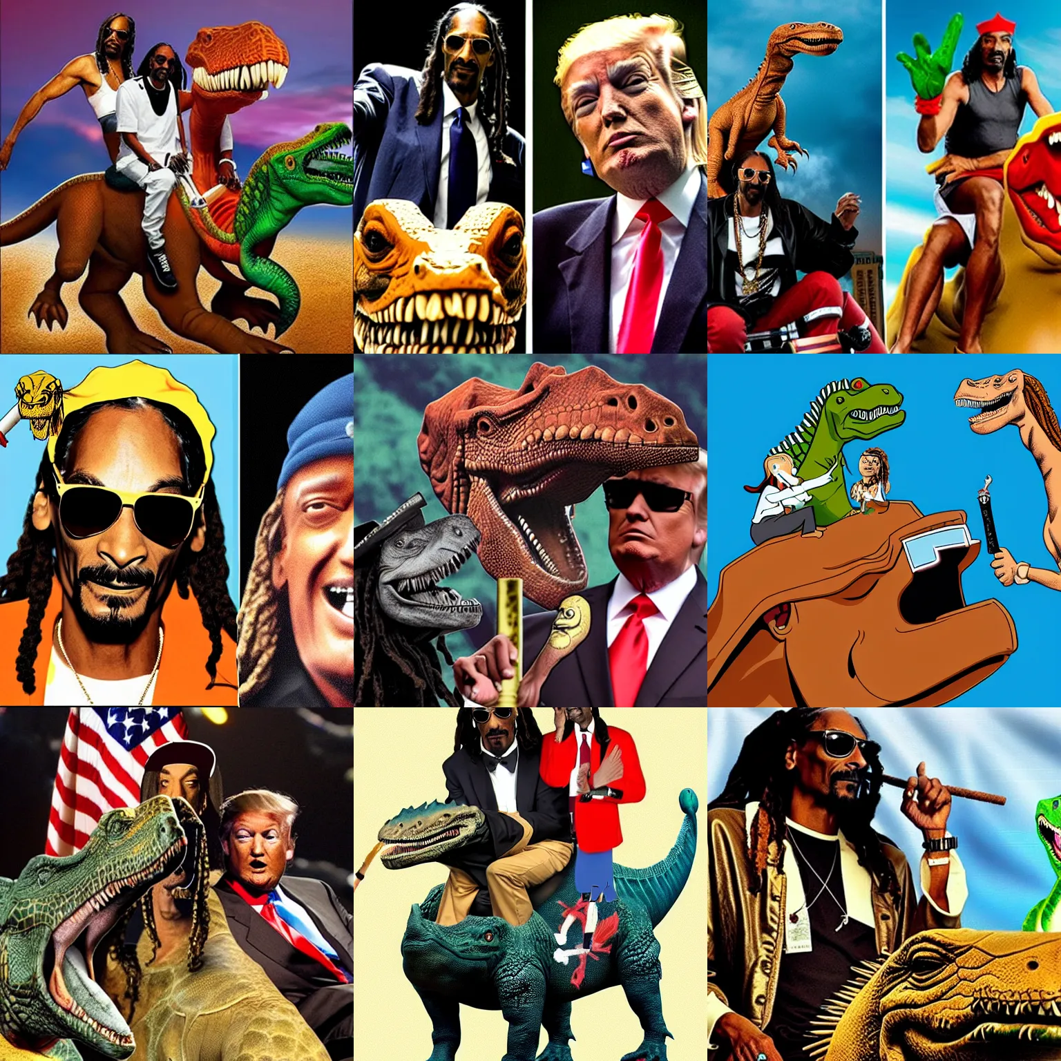 Prompt: snoop dogg and donald trump, they are smoking a joint while riding on the back of a dinosaur, in the style of conan the barbarian