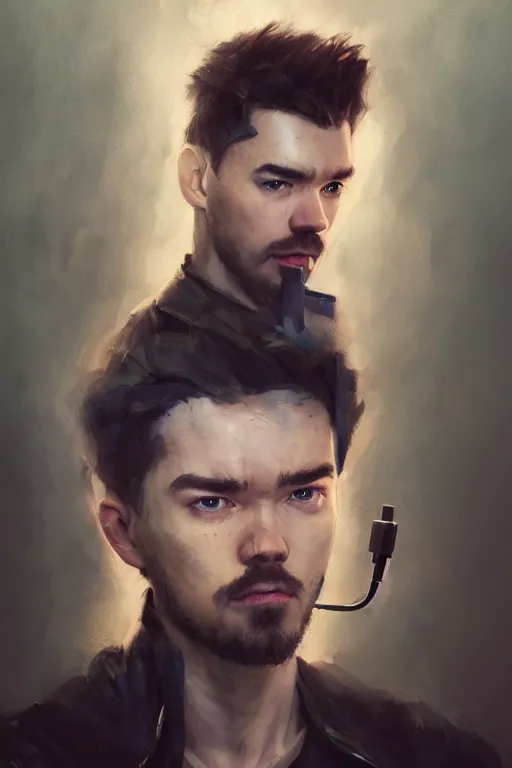 Image similar to a portrait of the YouTuber jacksepticeye by Greg Rutkowski, Sung Choi, Mitchell Mohrhauser, Maciej Kuciara, Johnson Ting, Maxim Verehin, Peter Konig, ditroit become human , 8k photorealistic, cinematic lighting, HD, high details, atmospheric , trending on artstation