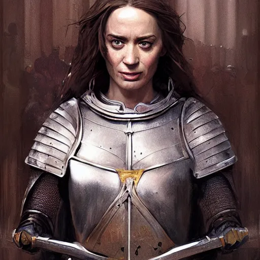 Prompt: portrait of emily blunt as a medieval knight, fantasy art by greg rutkowski