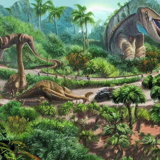 Prompt: a very high detailed painting of jurasic park in the metaverse