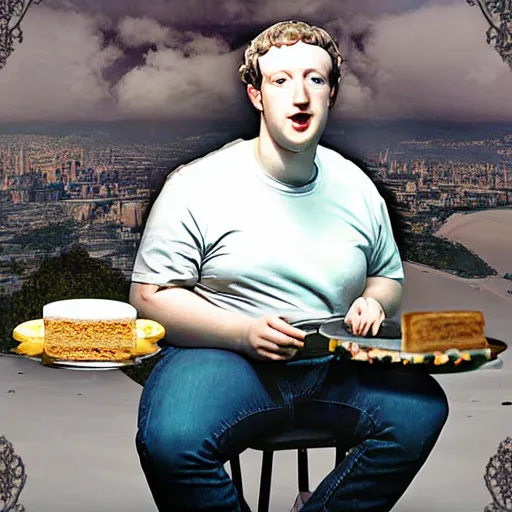 Image similar to Matte painting of obese Mark Zuckerberg eating Cake