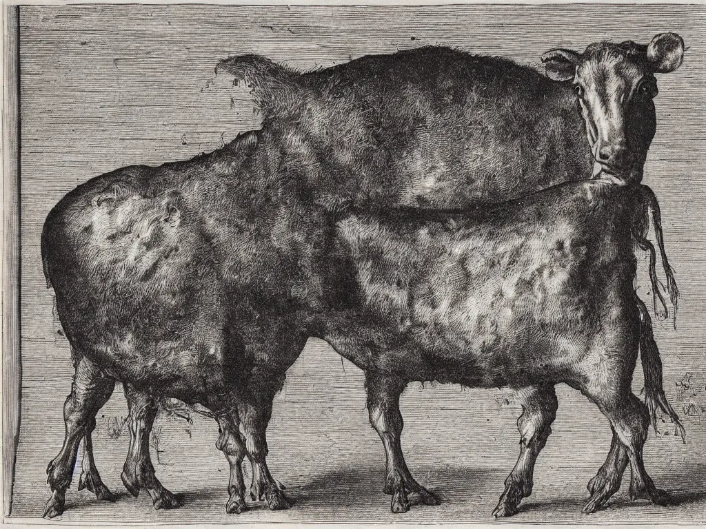 Image similar to portrait of a veal at the slaughterhouse. copper engraving by albrecht durer, walton ford