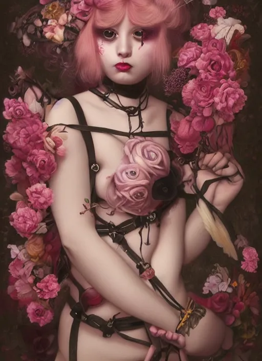 Image similar to pop surrealism, lowbrow art, realistic seductive cute woman painting, pink body harness, long hair, japanese shibari with flowers, hyper realism, muted colours, rococo, natalie shau, loreta lux, tom bagshaw, mark ryden, trevor brown style,