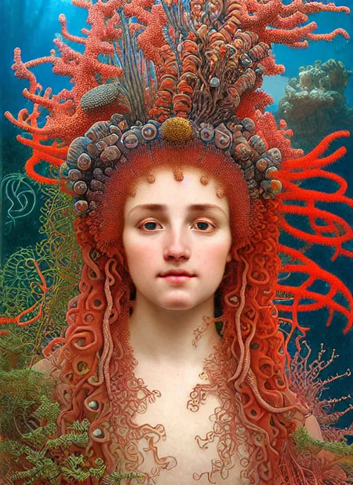 Prompt: hyperrealistic detailed face portrait photo of the beautiful young goddess of the red coral reef with an intricate helmet of corals, sea kelp, sea plants, fish, jellyfish, sharp focus, moody atmosphere, highly detailed digital painting, art by ernst haeckel, h. r. giger, alphonse mucha, gothic, neo - gothic, hyper - ornamental,