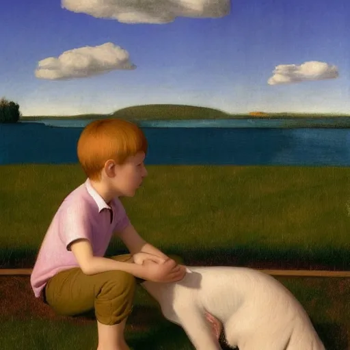 Image similar to a boy and his dog by Raphael, Hopper, and Rene Magritte. detailed, romantic, enchanting, trending on artstation.