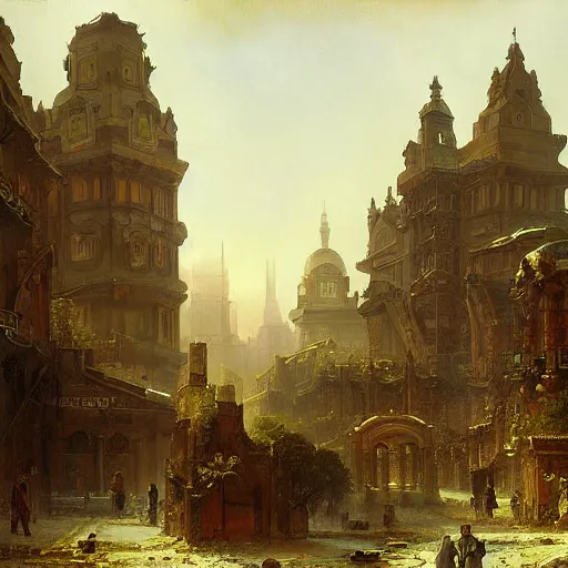 Prompt: painting of a scifi ancient civilzation victorian, brutalist architecture, beon signs, andreas achenbach