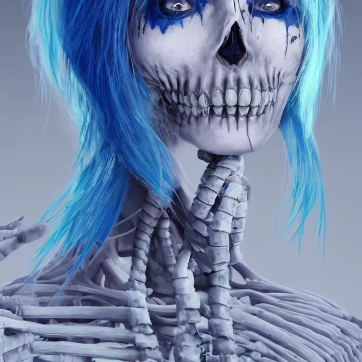 Image similar to portrait of female alt model with blue hair as a skeleton. intricate abstract. intricate artwork. nightmare fuel. by Tooth Wu, wlop, beeple, dan mumford. octane render, trending on artstation, greg rutkowski very coherent symmetrical artwork. cinematic, hyper realism, high detail, octane render, 8k, iridescent accents