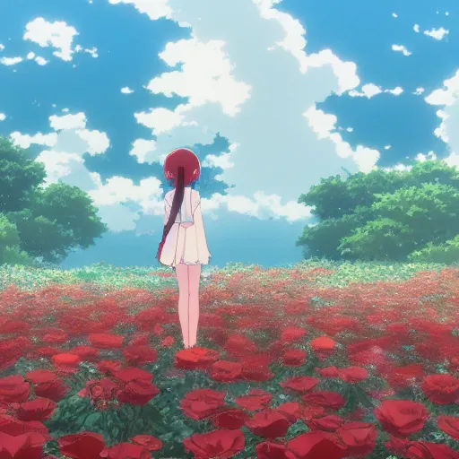 Image similar to the back view of an anime girl with medium and long hair standing in the sea of roses, relaxing, calm, cozy, peaceful, by mamoru hosoda, hayao miyazaki, makoto shinkai