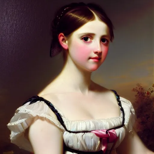 Image similar to portrait of a german teenage princess, circa 1 8 5 0 by franz xaver winterhalter, highly detailed, beautiful, oil on canvas, 1 8 5 0 s, romanticism