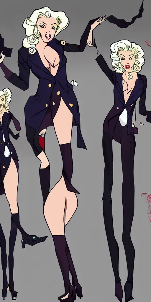 Image similar to marilyn monroe wearing luxury suits as a gacha game rare character, full body, cartoon, anime, trending in pixiv, cool color pattern