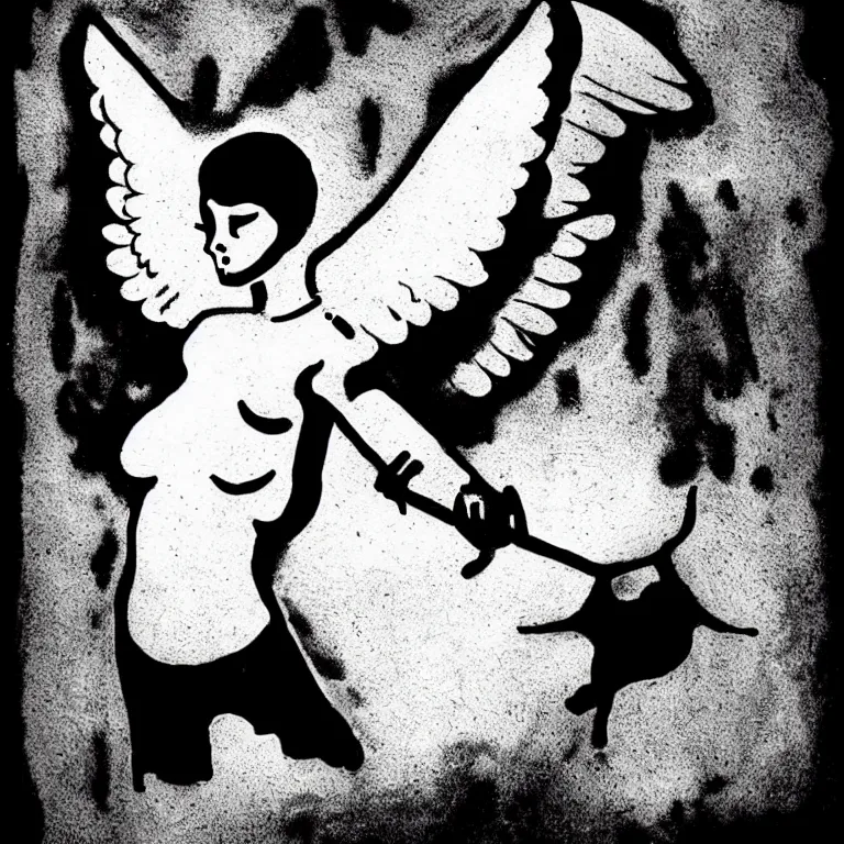 Prompt: simple yet detailed illustration of a fallen angel, use of negative space allowed, artwork created by mike mignola and bansky in the style of a tattoo stencil, shaded ink illustration, black and white only, smooth curves