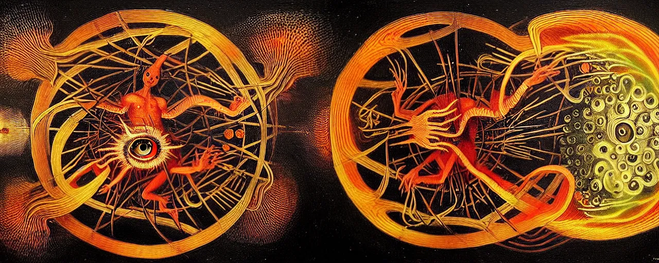 Image similar to a strange fire creature with endearing eyes radiates a unique canto'as above so below'while being ignited by the spirit of haeckel and robert fludd, breakthrough is iminent, glory be to the magic within, in honor of saturn, painted by ronny khalil