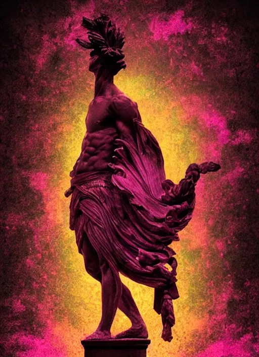 Image similar to elegant dark design poster showing a large greco roman statue of dionysus, black background with very subtle red and purple design elements, bold, powerful, soft gradients, nekro, vito acconci, thin straight purple lines, dark, glitch art, neo vaporwave, gritty, layout frame, square, trending on artstation