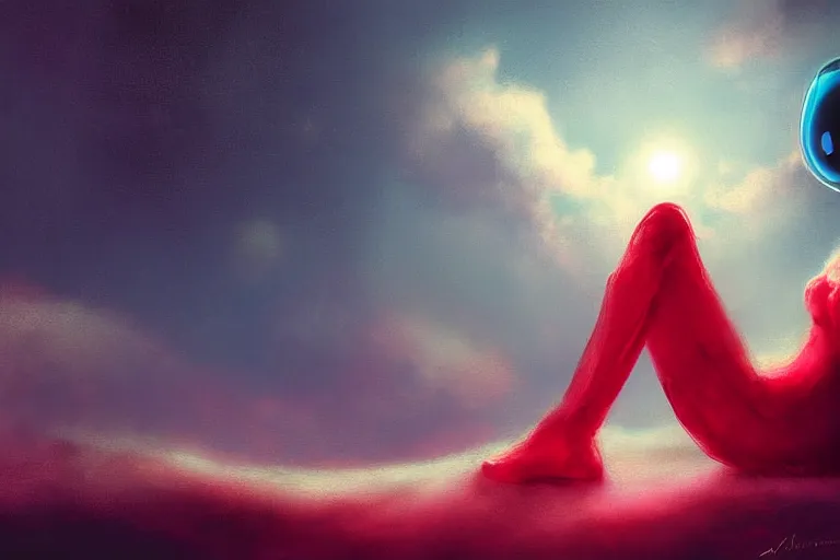 Image similar to a cute robot girl sitting on a cloud relaxing, red lighting, mist, digital art,