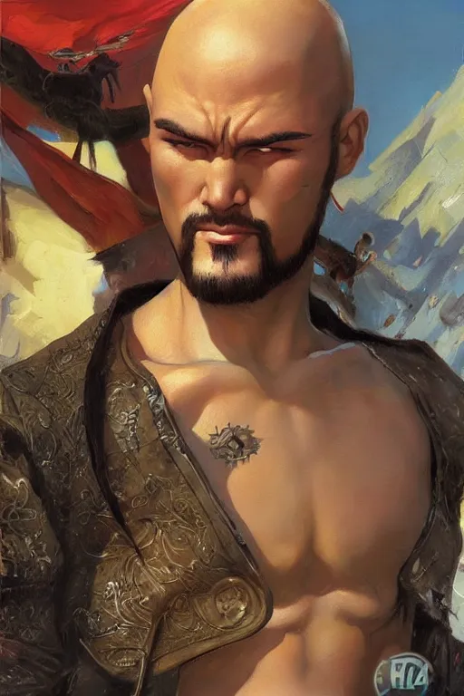 Image similar to beautiful gorgeous bald kazakh guy with a short beard, painted by tom lovell, alex malveda, greg staples