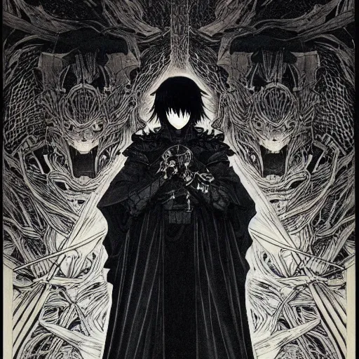 Image similar to prompt : black and white portrait soft light painted by takato yamamoto, black knight armor, inspired by ghost in shell anime, smooth face feature, intricate oil painting, high detail, sharp high detail, manga and anime 1 9 8 0