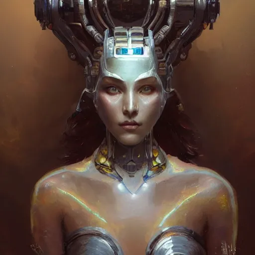 Image similar to a beautiful portrait of a robot goddess, a detailed painting by greg rutkowski and raymond swanland, featured on cgsociety, fantasy art, detailed painting, artstation hd, photorealistic