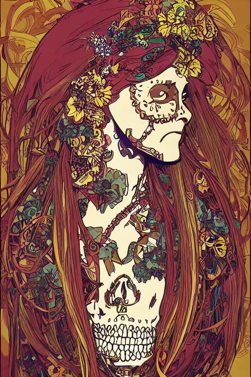 Image similar to beautiful skull portrait girl female illustration detailed patterns art of jawa traditional dress, pop art, splash painting, art by geof darrow, ashley wood, alphonse mucha, makoto shinkai