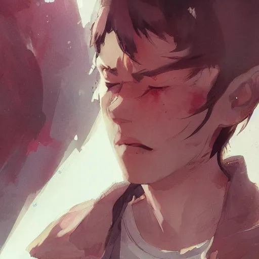 Image similar to a young man crying because he is in love, cinematic lighting, dramatic atmosphere, by dustin nguyen, akihiko yoshida, greg tocchini, greg rutkowski, cliff chiang, 4 k resolution, trending on artstation