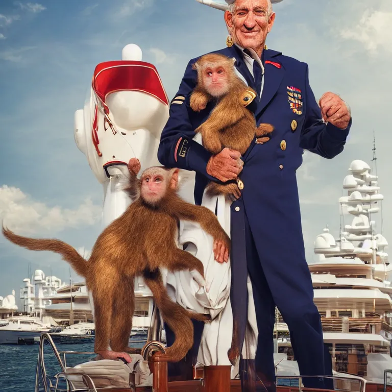 Image similar to high fashion photoshoot octane render portrait by wayne barlow and carlo crivelli and glenn fabry, a distinguished sea captain wearing a colorful uniform and holding a small monkey while standing on a beautiful high - end white and wood yacht, very short depth of field, bokeh