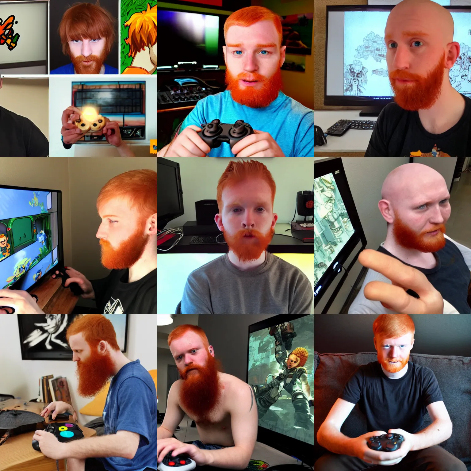 Prompt: Scruffy ginger boy with shaved head, plays videogames, various art styles,