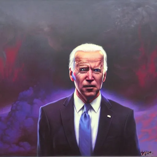 Image similar to epic Joe Biden in pandemonium, portrait, art by Wayne Barlowe, oil on canvas