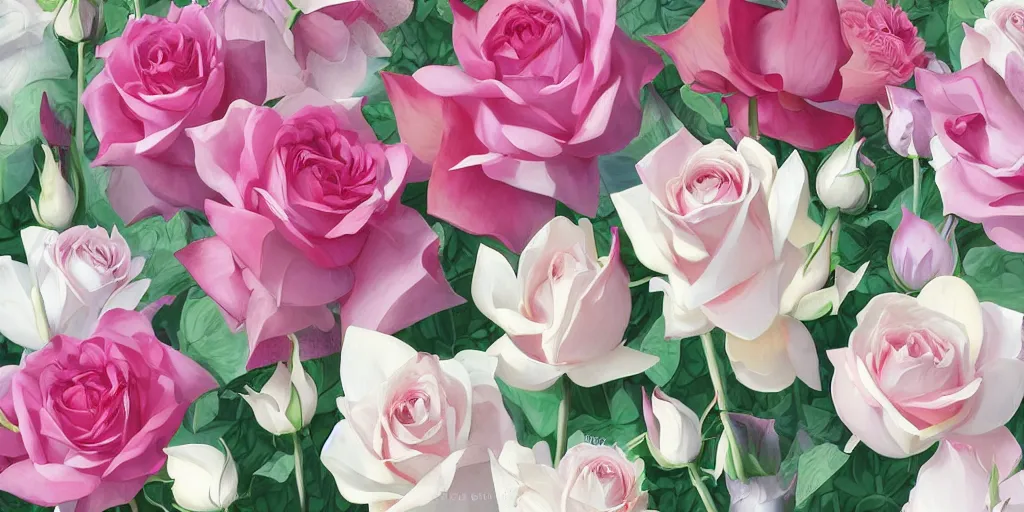 Prompt: magic invisible blade slicing through a bouquet of white and pink roses, flowers exploding and spraying, big puffy clouds, sharp cuts, large rose petals, lotus petals, large polygonal background elements, large polygons, dramatic anime, dramatic radiant lighting, artgerm, manga, trending on artstation, art nouveau, mature colors