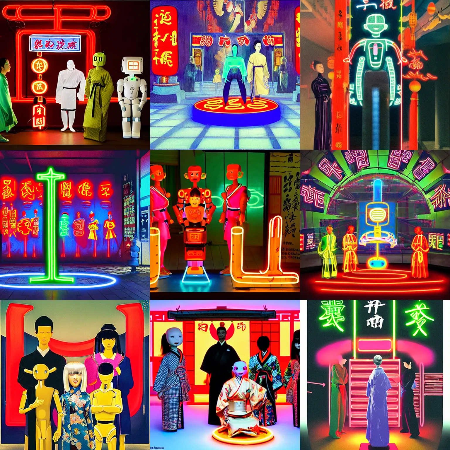 Prompt: Four kimono-clad people and four humanoid robots pose on a magic circle of Chinese characters in front of a neon-lit altar /A dark church illuminated by an altar of neon lights. /One of them is a female robot./Future city. /Edward Hopper