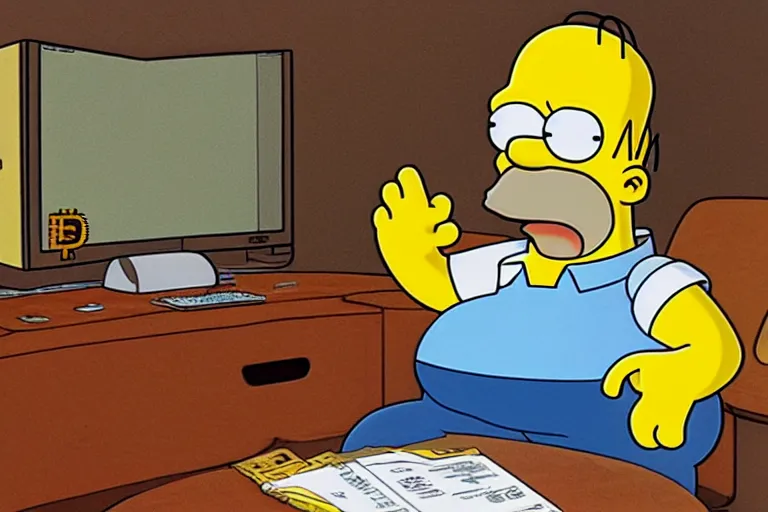 Image similar to Homer Simpson sits at the office table and monitors the fall of Bitcoin and is angry, CryEngine