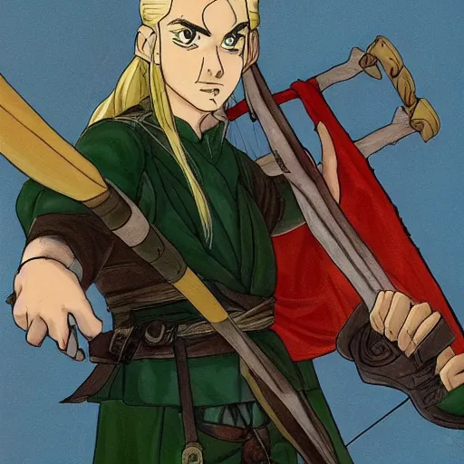 Image similar to Portait of Legolas in an 80s anime version of Lord of the Rings, holding a longbow, very detailed, ultra realistic, handpainted, Satoshi Kon, Hiyao Miyazaki, Katsuhiro Otomo