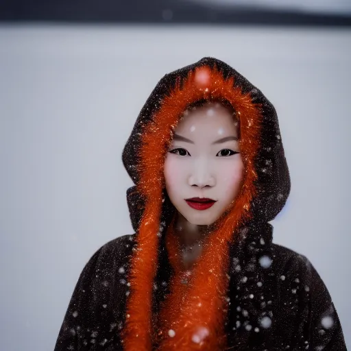 Image similar to portrait photograph of an elegant ginger Asian woman wearing a black kimono in the Arctic. super resolution. 85 mm f1.8 lens.bokeh.graflex. Alessio albi