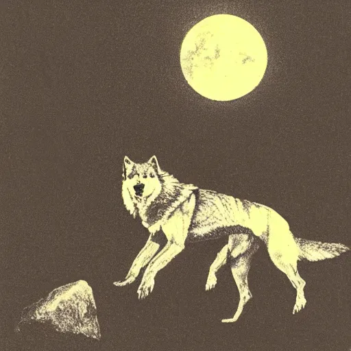 Prompt: david bowie riding a wolf over a rock, dark lighting