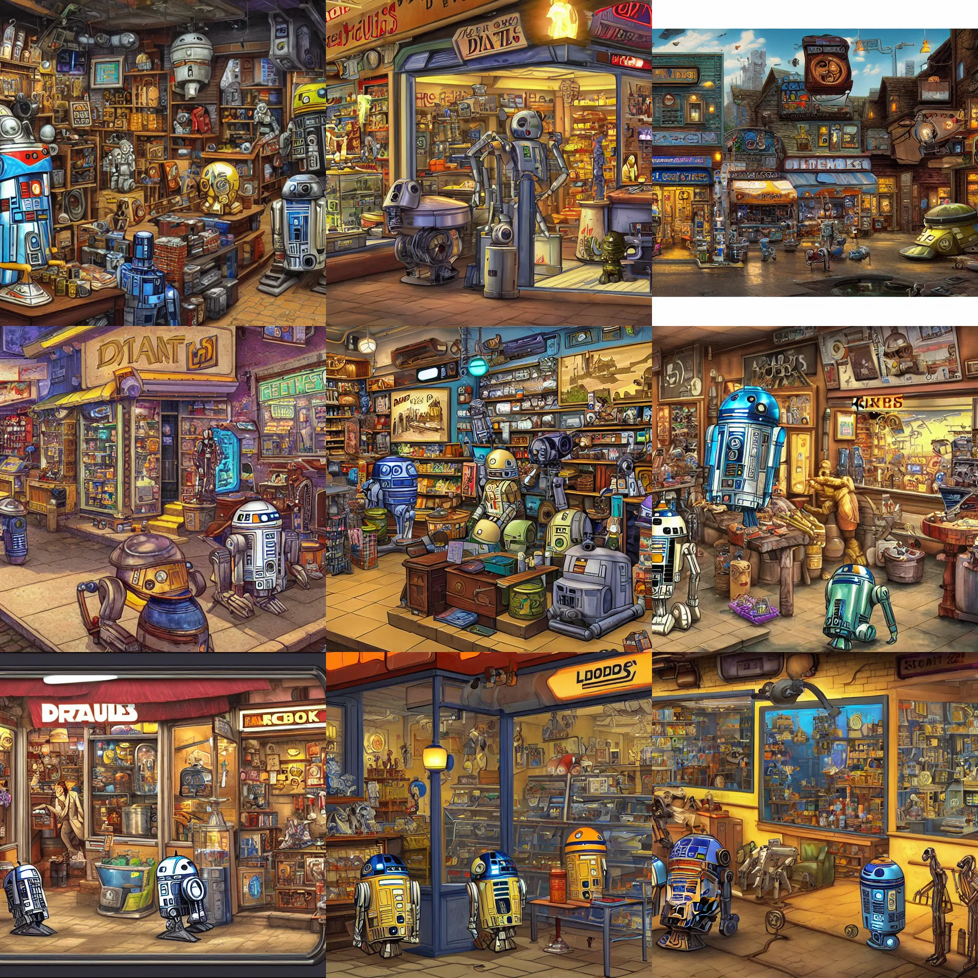 Prompt: a store selling droids and droid parts, from a lucasarts point and click 2 d graphic adventure game, art inspired by thomas kinkade