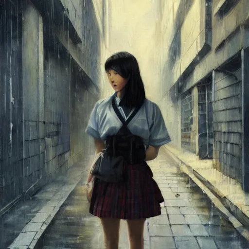 Prompt: a perfect, realistic professional socialist realism socrealist painting of a Japanese schoolgirl posing in a dystopian alleyway, style of Marvel, full length, by a professional Soviet senior artist on ArtStation, a high-quality concept
