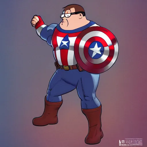 Image similar to peter griffin as captain america, au naturel, hyper detailed, digital art, trending in artstation, cinematic lighting, studio quality, smooth render, unreal engine 5 rendered, octane rendered, art style by klimt and nixeu and ian sprigger and wlop and krenz cushart