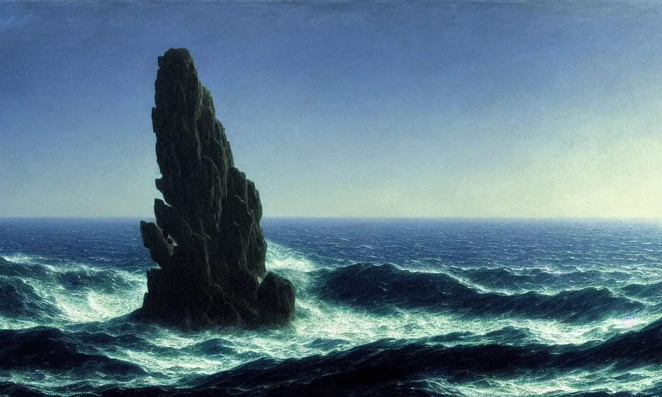 Image similar to a cinematic hyperrealism highly detailed photograph of blue ocean, by caspar david friedrich, trending on artstation