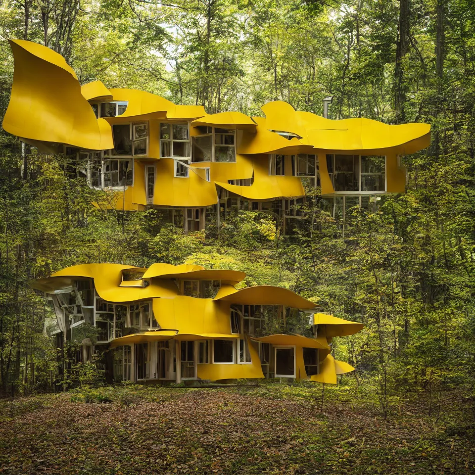 Image similar to architecture ad for a mid-century modern house in the middle of the forrest, designed by Frank Gehry. Film grain, cinematic, colorized, yellow hue