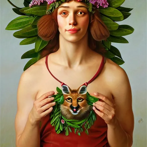 Image similar to fullbody portrait of humanoid anthropomorphic cute fluffy caracal with laurel wreath on his head, chaplet on head, illustration, high detail, francine van hove