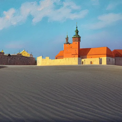 Image similar to painting of Cracow Wawel castle buried in the sands of a vast desert, most of the castle is covered in sand, beautiful lighting, detailed, realistic