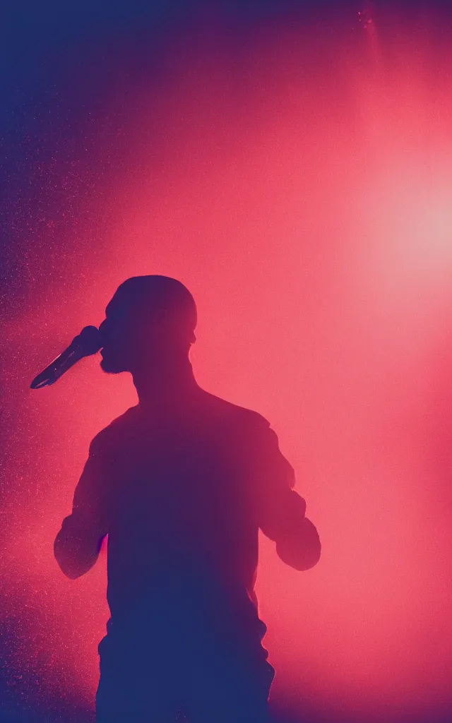 Image similar to man holding a microphone and rapping, epic pose, medium close-up, silhouetted, distinct figure, psychedelic hip-hop, laser light show, fog, beams of light