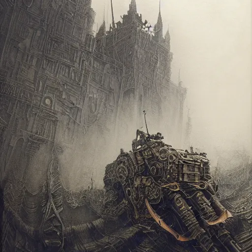 Image similar to a beautiful hyperrealistic ultradetailed matte painting of a dieselpunk war scorpion, by James Stokoe and harry clarke and Zdzisław Beksiński and Jakub Rozalski and HR Giger, war theatre, dark, realistic, smog, black smoke, oil, machine parts, dystopian, insane details, peter mohrbacher, intricate, mecha, embers, trending on artstation, volumetric lighting, smog, micro details, HD wallpaper, 8k