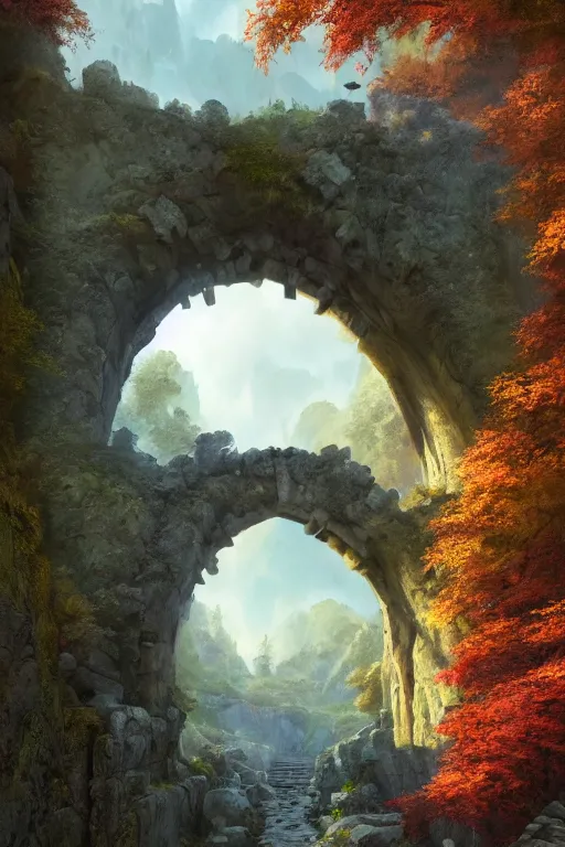 Prompt: A beautiful hyper realistic detailed matte painting of an old stone archway over a pathway through a colorful forest, dramatic sky, dramatic mountains in background, dramatic lighting, dynamic lighting, cinematic lighting, lit by morning light, by Raphael Lacoste and John Howe and Andreas Rocha, unreal engine, featured on artstation