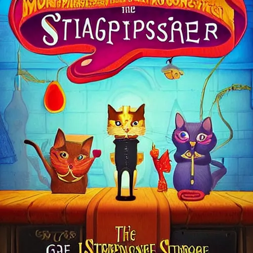 Prompt: Promotional poster for 'The Strange Happenstance of Monsieur Cat', by Indjie Game Studios. It is a puzzle platformer nominated for the Insjert Sthomethinhir Aware. It is famous for it's distinct high contrast artstyle with limited color palette, and esoteric subject matter. Released on July 2024.