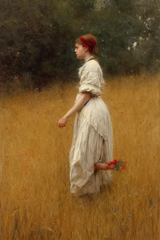 Image similar to Solomon Joseph Solomon and Richard Schmid and Jeremy Lipking victorian genre painting full length portrait painting of a young cottagecore walking in an open field of wheat, red background