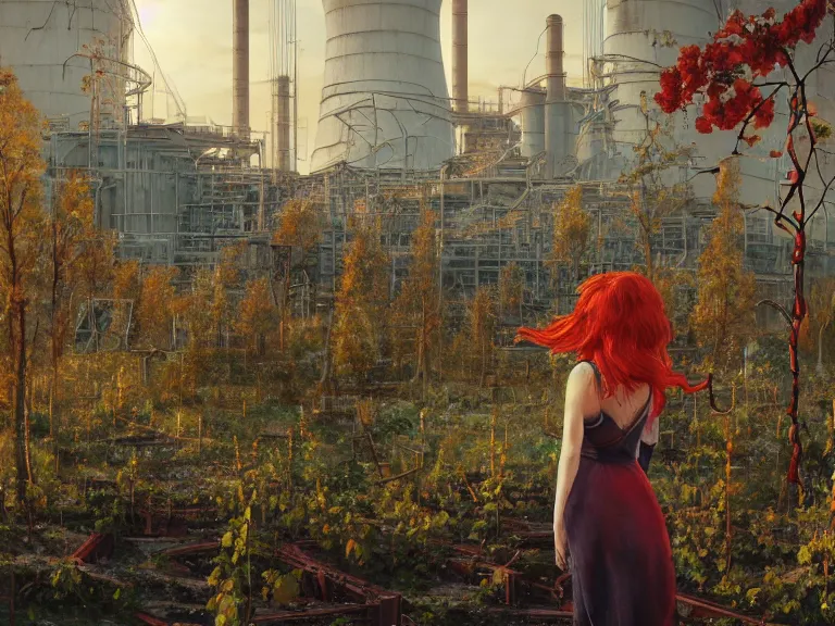 Prompt: red hair girl, chernobyl powerplant!!!, rubble!, ruins!!, flowers, vines, hyperrealistic, highly detailed, cinematic, single ray of golden sunlight, beautiful, cgssociety, artstation, 8 k, oil painting by greg rutkowski, by artgerm, by wlop